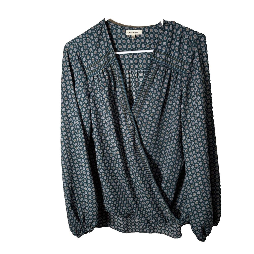Max Studio Blouse Women's Large Blue Wrap Long Sleeve Lightweight Shirt Top